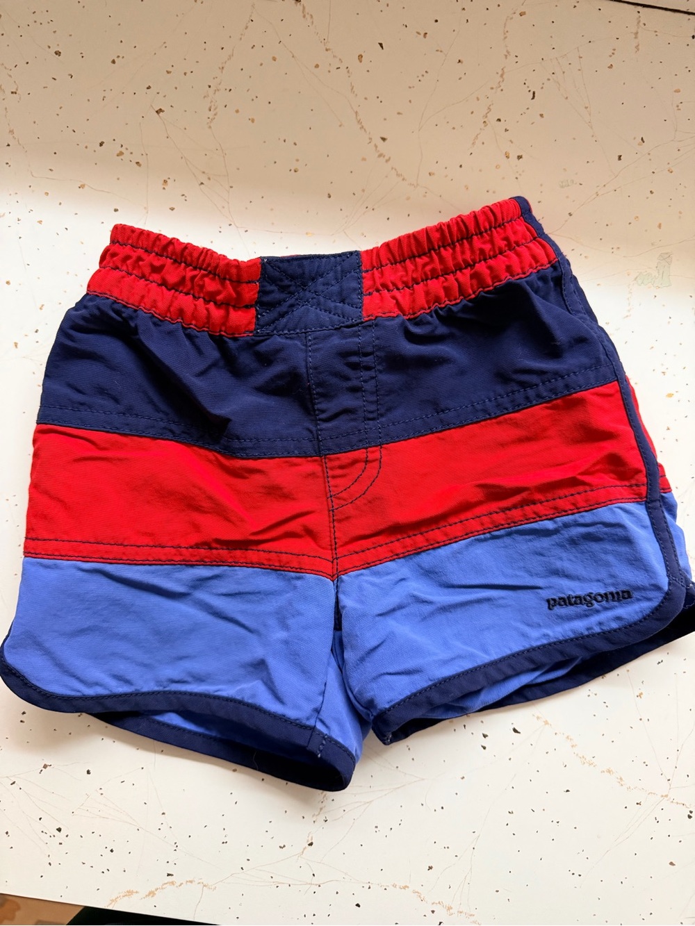 Patagonia Kids Colorblock Swim Trunks in Navy, Red & Light Blue 2T